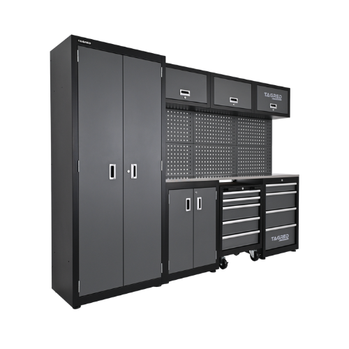 Meble garażowe, warsztatowe TAGRED TA198 regał 260cm szafka do warsztatu garażu, blat INOX 3D EpoxyGarage posadzki żywiczne